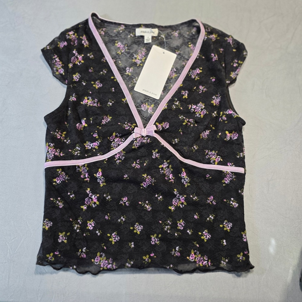 Stitch & Pine Womens Black Floral‎ Lace V-Neck Top Cap Sleeve Bow Juniors Size S